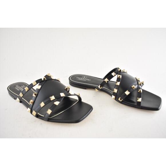 Valentino Rockstud Crisscross Strap Leather Black Slide Slip On Flat Sandal 40 - Picture 6 of 16